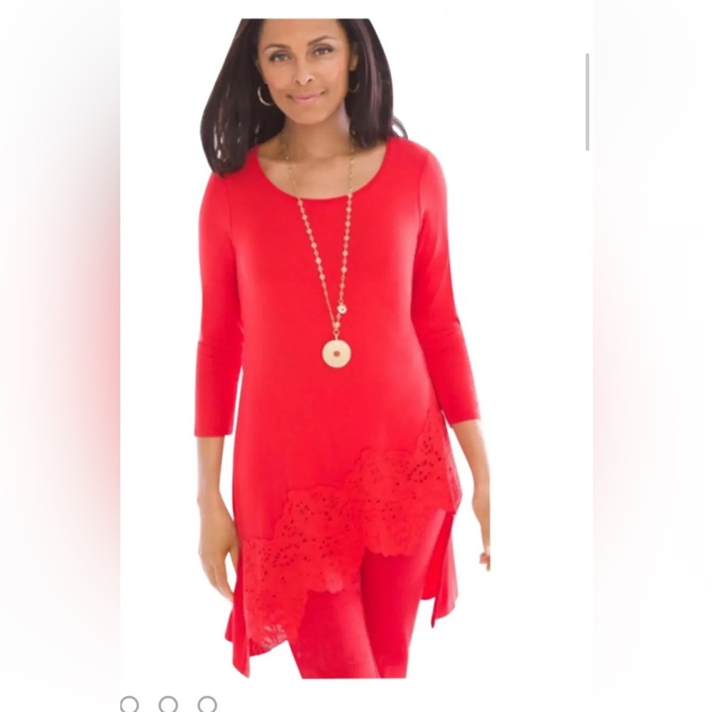 CHICO'S‎ Asymmetrical red eyelet detail tunic top 2 Sz L